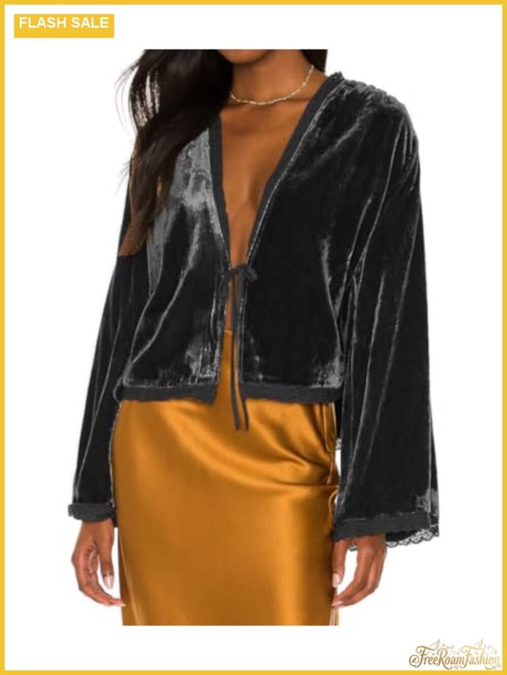 Velvet Kimono Cardigan Loose Fit Tie Front Bell Sleeve Jacket
